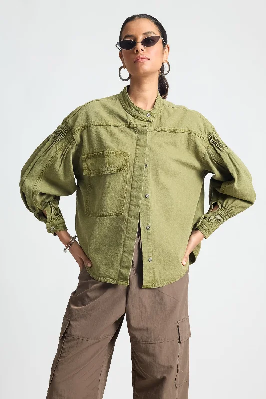 Olive Green Shacket With Pleats