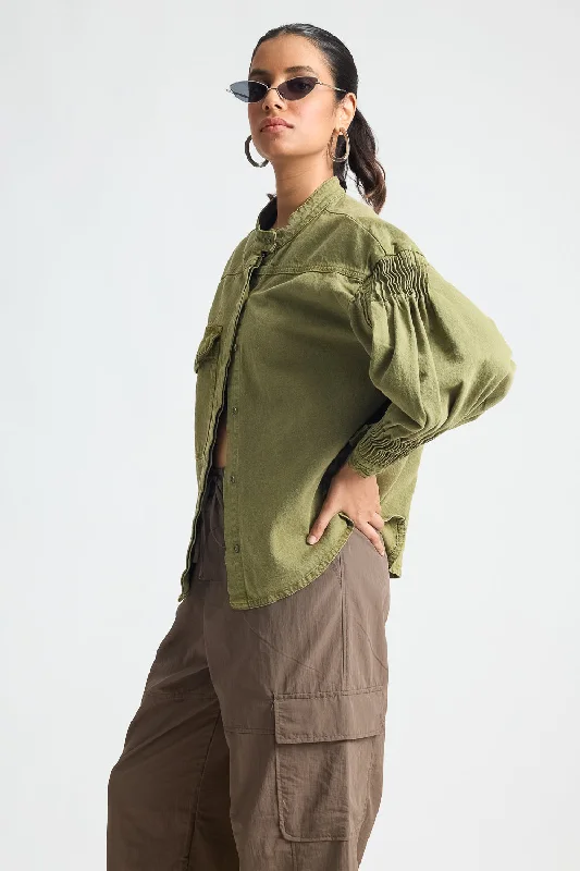 Olive Green Shacket With Pleats