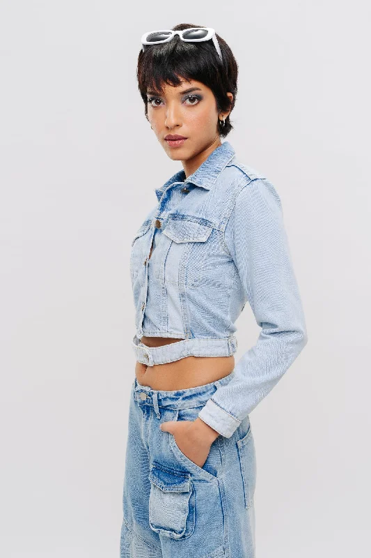 Open Belted Denim Crop Jacket