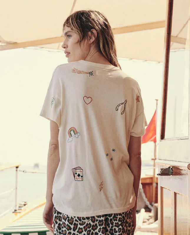 The Boxy Crew. Embroidered -- Washed White with Charm Embroidery