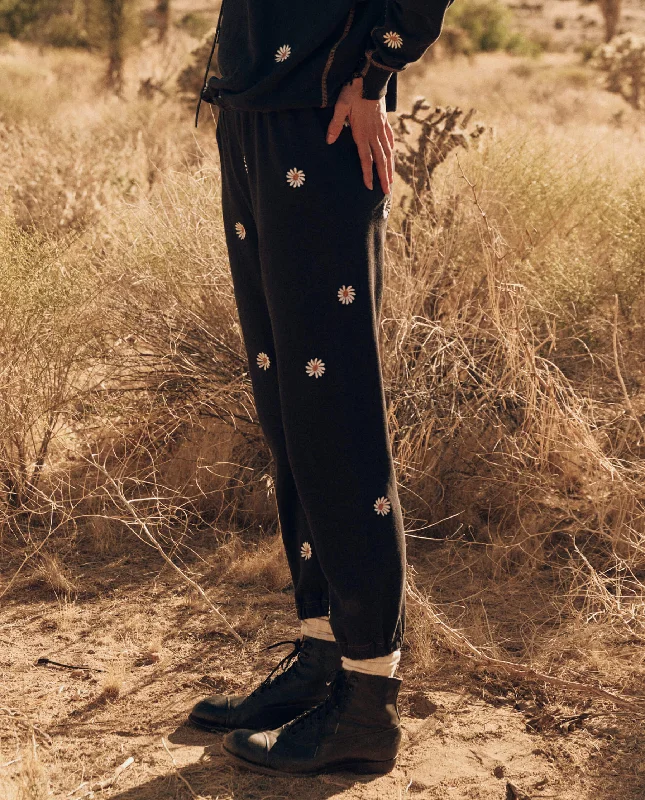 The Stadium Sweatpant. Embroidered -- Almost Black with Daisy Embroidery