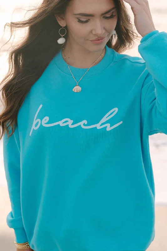 Beach Script Aqua Blue Oversized Graphic Sweatshirt