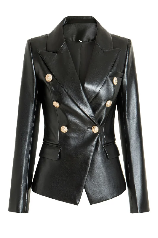 Black PU Double Breasted Women Blazer