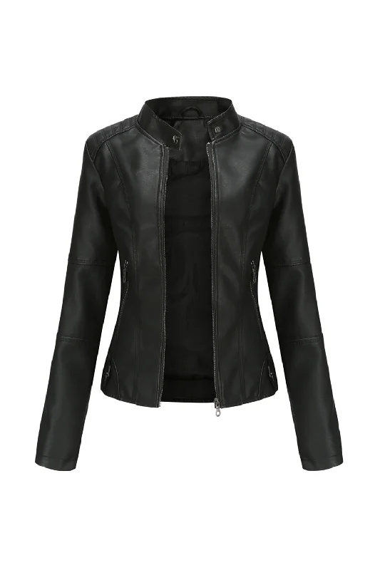 Black Zipper Front Fitted PU Women Jacket