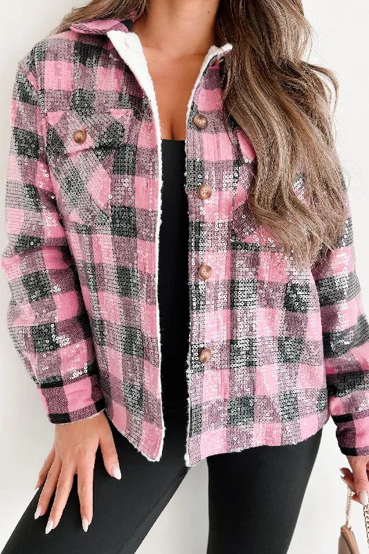 Country Bling Sherpa Lined Sequin Plaid Jacket (Pink)