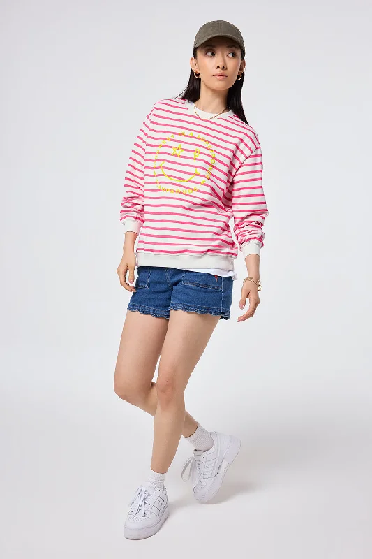 Ivory with Neon Pink Stripe and Smiley Face Oversized Sweatshirt