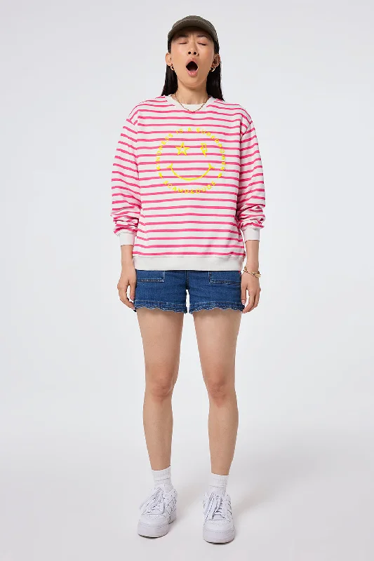 Ivory with Neon Pink Stripe and Smiley Face Oversized Sweatshirt