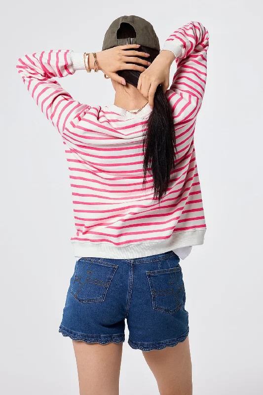 Ivory with Neon Pink Stripe and Smiley Face Oversized Sweatshirt