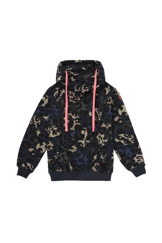 Navy Camo Leopard Cowl Neck Hoodie