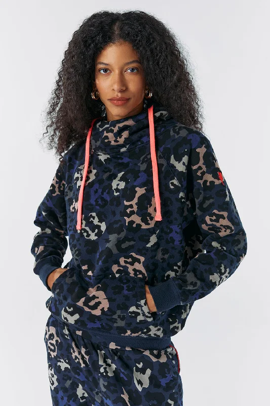 Navy Camo Leopard Cowl Neck Hoodie