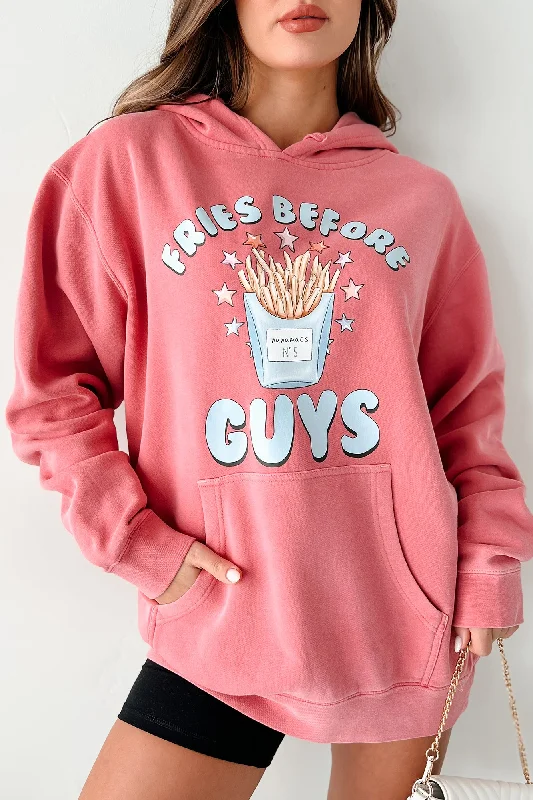 ""Fries Before Guys"" Vintage Wash Graphic Hoodie (Pink) - Print On Demand