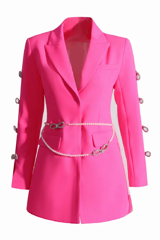 Fuchsia Peak Lapel Women Blazer with Pearl Belt