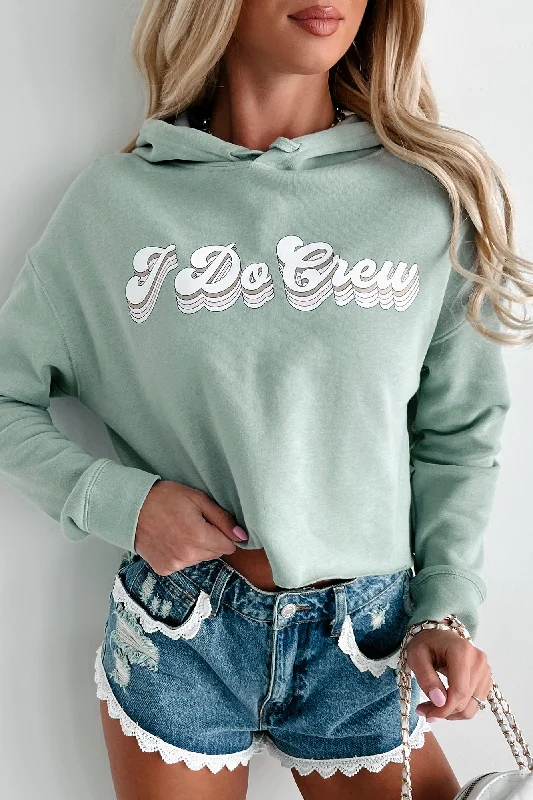 ""I Do Crew"" Metallic Graphic Crop Hoodie (Sage) - Print On Demand