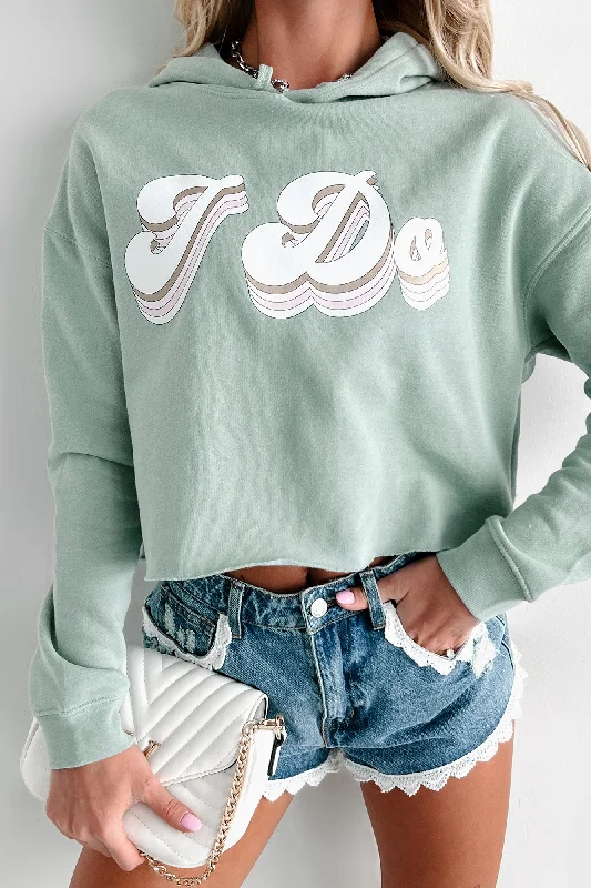 ""I Do"" Metallic Graphic Crop Hoodie (Sage) - Print On Demand