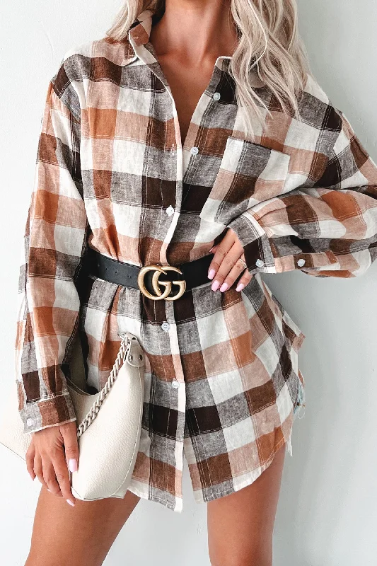 Just Being Myself Oversized Plaid Linen Shirt (Brown)