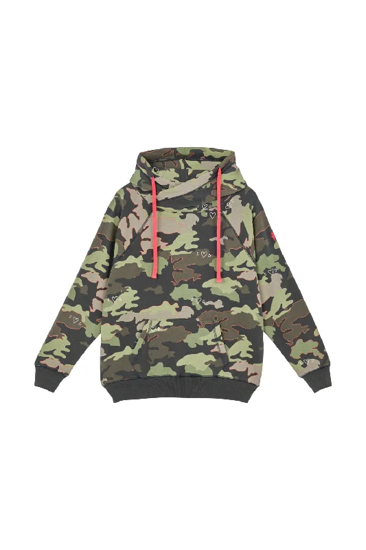 Khaki Camo Print Cowl Neck Hoodie