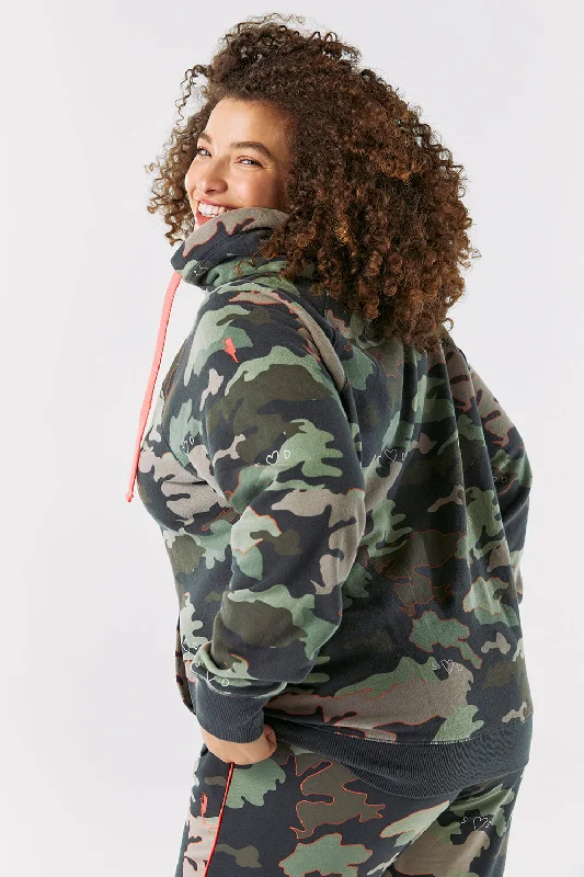 Khaki Camo Print Cowl Neck Hoodie