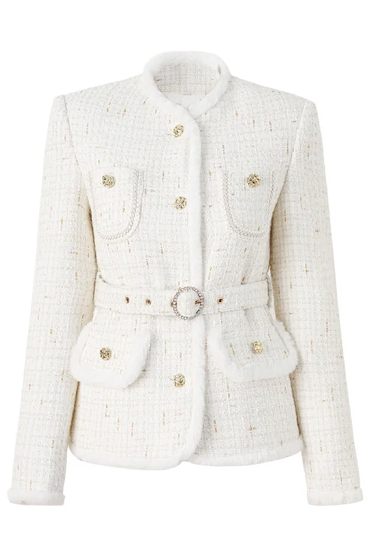 Light Luxury White Wool Splicing Small Stand Collar Women Jacket