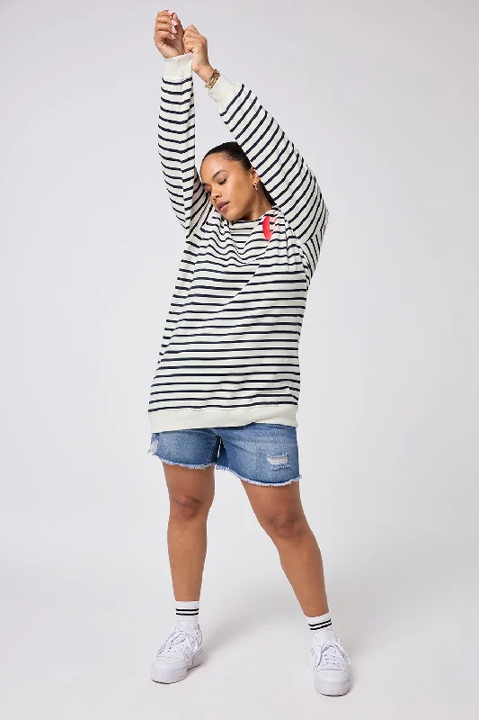 Ivory with Navy Stripe Placement Bolt Graphic Oversized Tunic