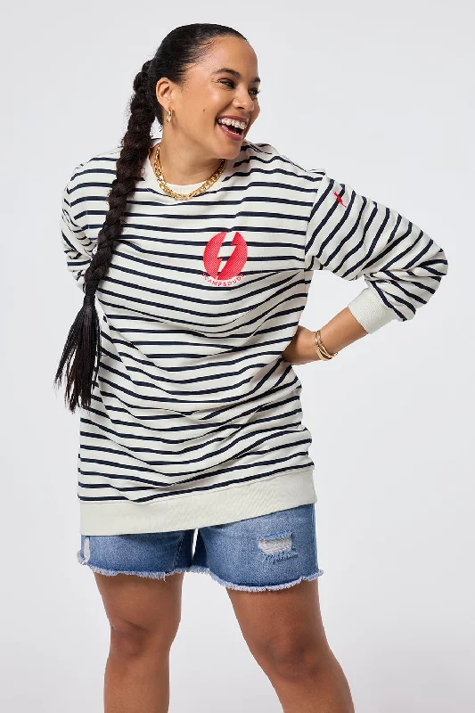 Ivory with Navy Stripe Placement Bolt Graphic Oversized Tunic