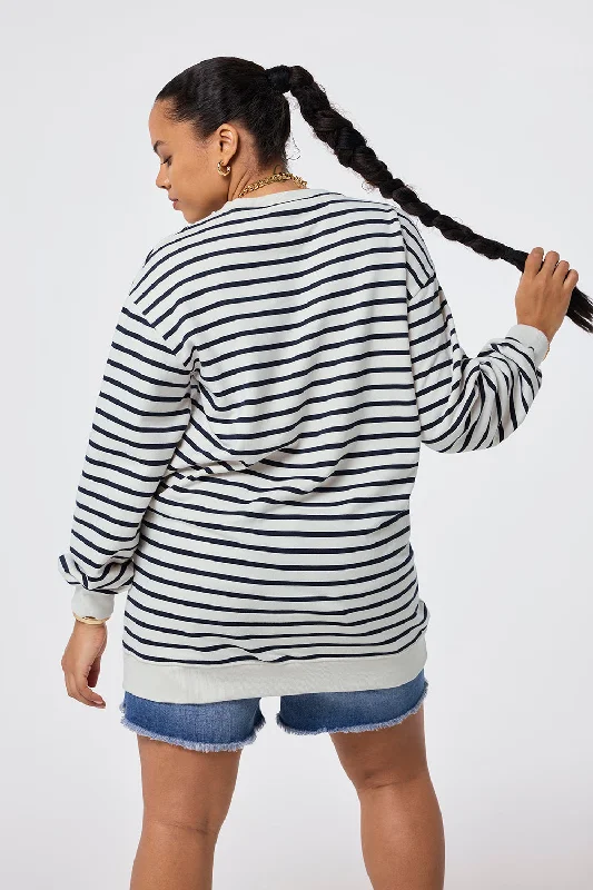 Ivory with Navy Stripe Placement Bolt Graphic Oversized Tunic