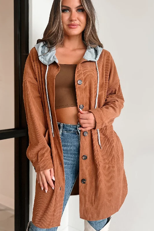 Ours For The Taking Oversized Hooded Corduroy Shacket (Light Brown)