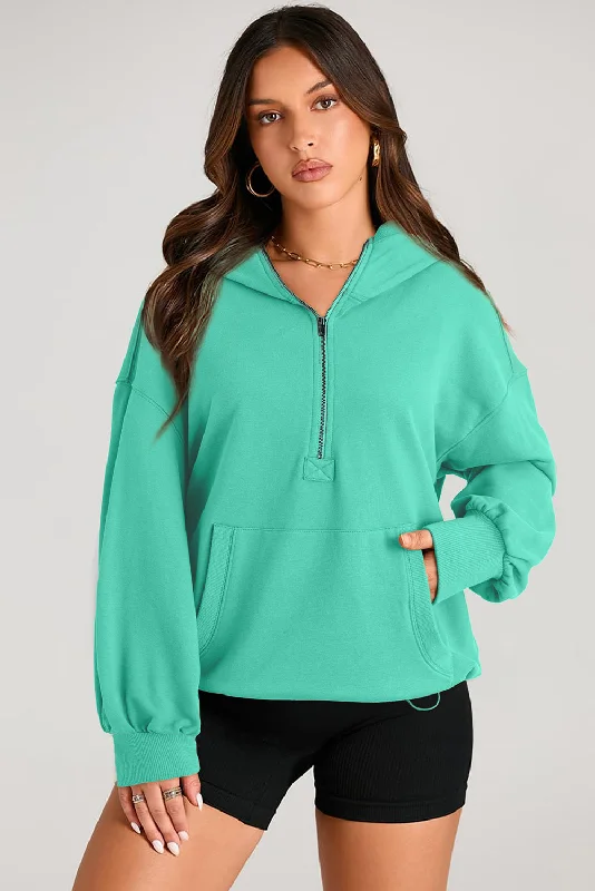 Hot Girl Pocketed Half Zip Drawstring Hoodie