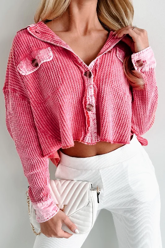 Promise Of Fall Acid Wash Waffled Crop Shacket (Fuchsia)