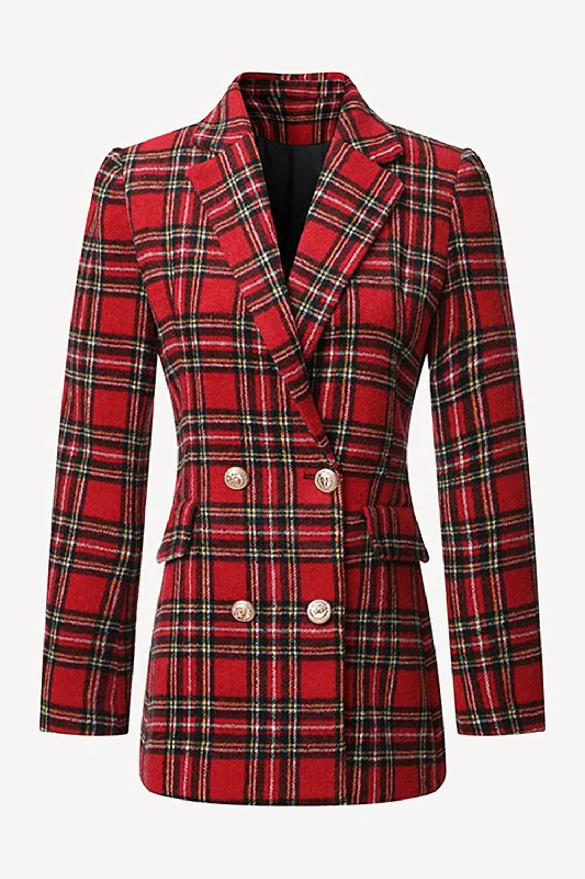 Red Plaid Tweed Double Breasted Women Blazer