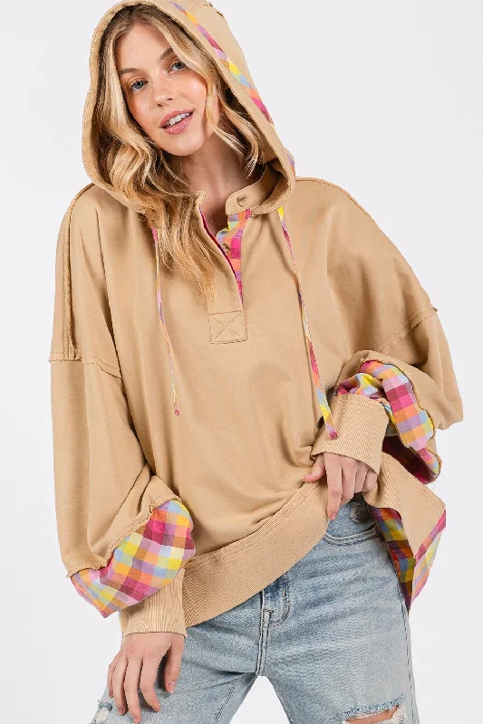 Hot Girl SAGE + FIG Plaid Print Washed Hoodie In Tan