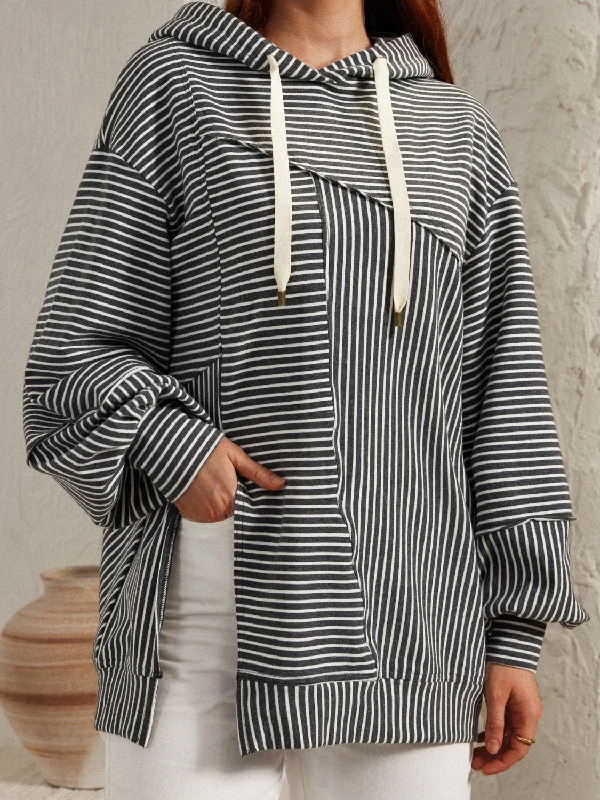 Hot Girl Side Slit Drawstring All Over Striped  Hoodie