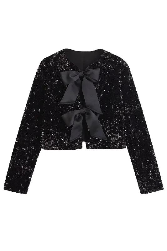 Sparkly Black Sequins Cropped Women Blazer with Bowknot