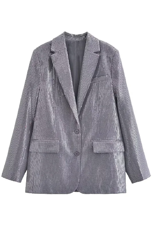 Sparkly Dark Grey Sequins Prom Unisex Women Blazer