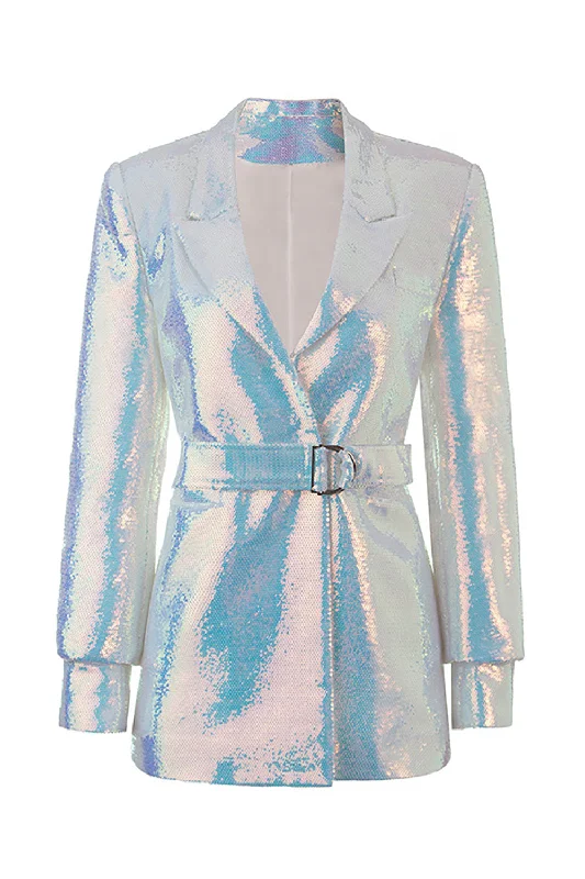 Sparkly White Sequins Peak Lapel Women Blazer with Belt