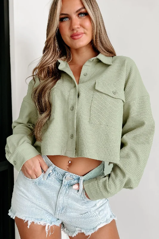 Try Again Waffle Knit Crop Shacket (Sage)