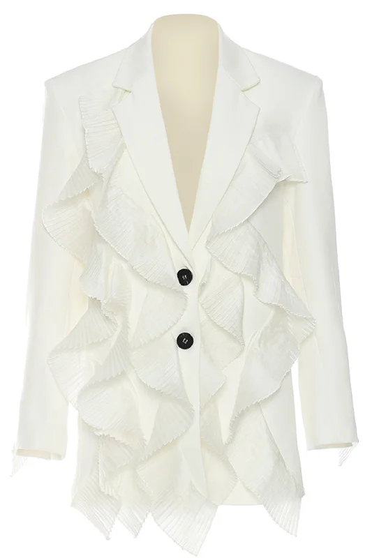 White Notched Lapel Women Blazer With Ruffles