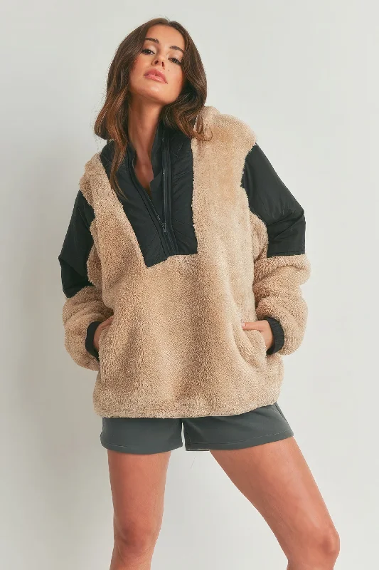 Hot Girl Two-Toned Cozy Fuzzy Hoodie In Beige